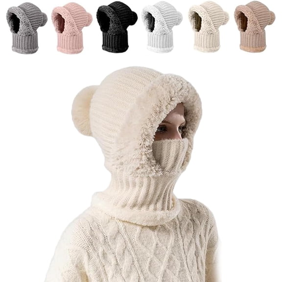 Women’s Thermal Knit Hood Winter Hat, Fleece-Lined 3-in-1 Beanie with Neck Warmer & Face Cover, Cold Weather Knit Hat for Outdoor Activities