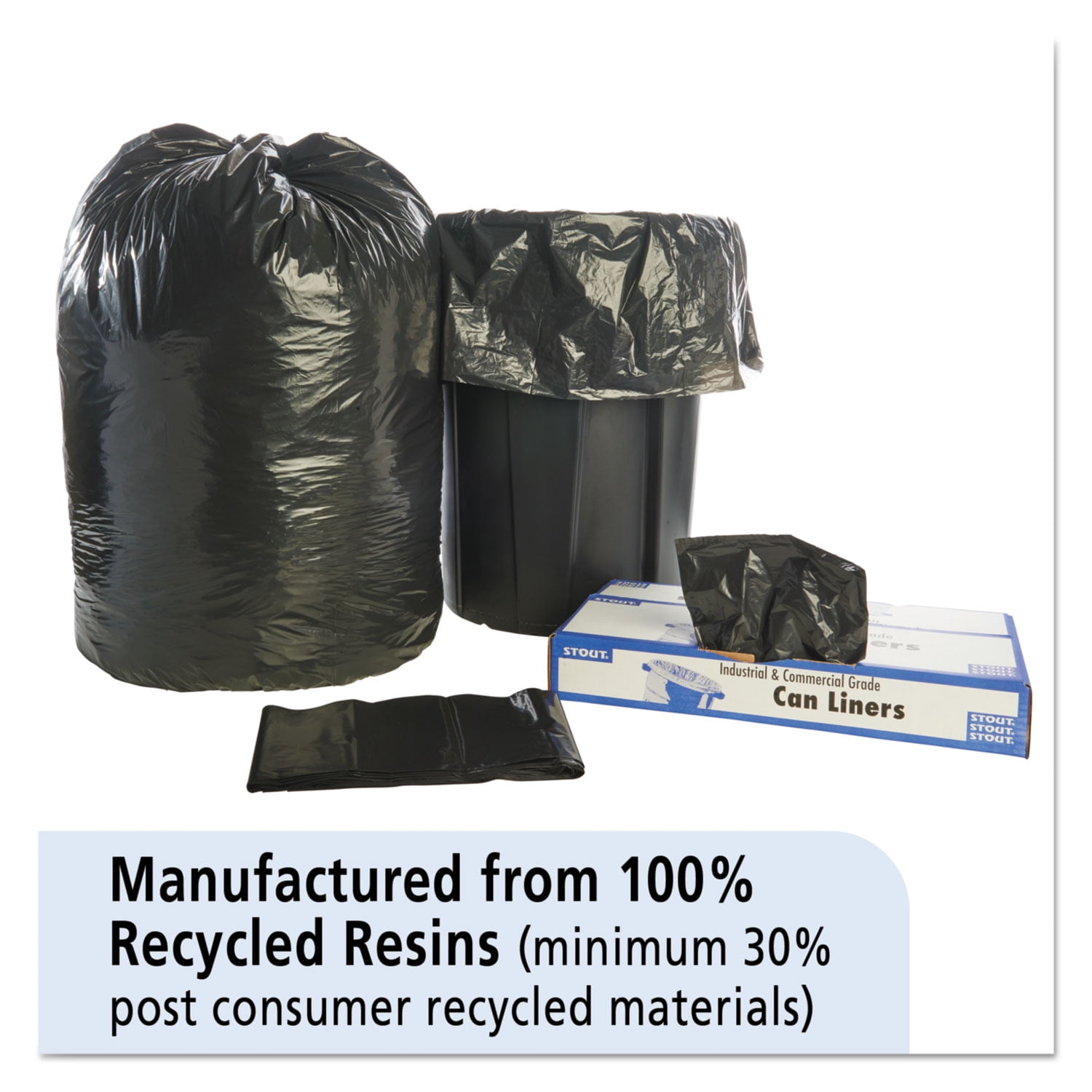 Stout by Envision Total Recycled Content Plastic Trash Bags, 60 gal, 1.5 mil, 38" x 60", Black/Brown, 100/Carton