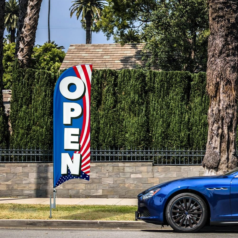 Open blue 6FT patriotic Swooper Feather Flag Advertising Banner with Complete 8FT pole kit and Ground Spike