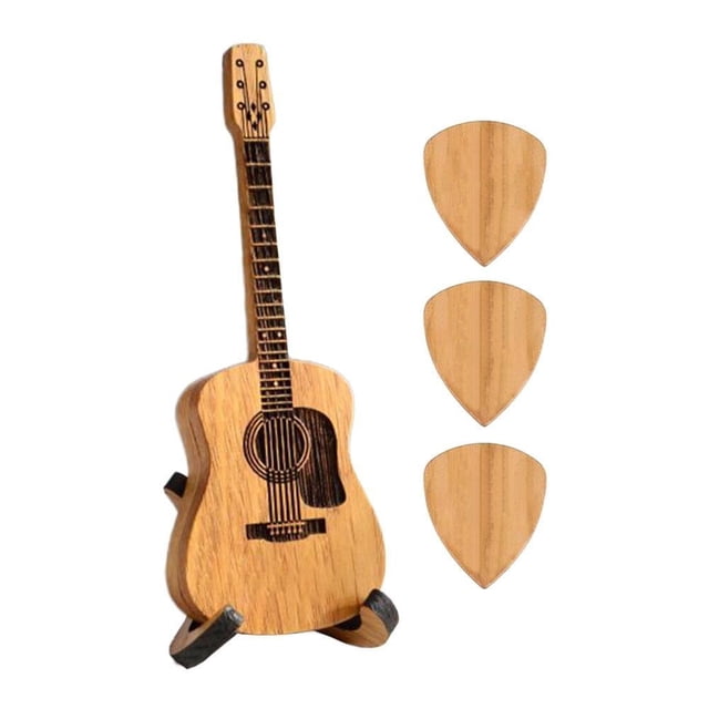 SharkTRUE Wooden Guitar Pick Box - Stand & Case with Engraved Picks - Unique Music Gift