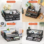 Marbrasse 3 Tier Mesh Desk Organizer with Drawer, Multi-Functional Desk Organizers and Accessories, Paper Letter Organizer with 2 Pen Holder for Home Office Supplies