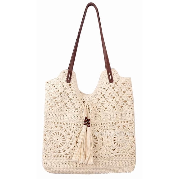 Boho Crochet Summer Beach Tote Handmade Cotton Rope Macrame Knit Shoulder Bag for Women Slouchy Hobo