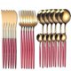 thumbnail image 1 of ZHAOCHENG Vajilla de acero inoxidable de lujo, juego de vajilla dorada de 24 piezas, cuchillo, tenedor, cuchara, apto para lavavajillas, juego de cubiertos para el hogar, cubiertos de lujo, oro rojo, 1 of 5