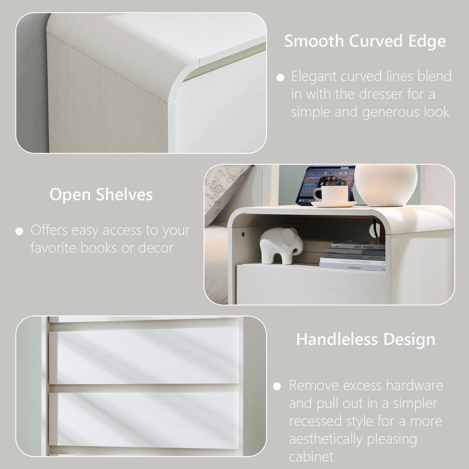 wow97e 2 Drawers Bedside Table, Modern Nightstand with Charging Station, Curved Profile Design, Mid Century End Table for Bedroom, Living Room