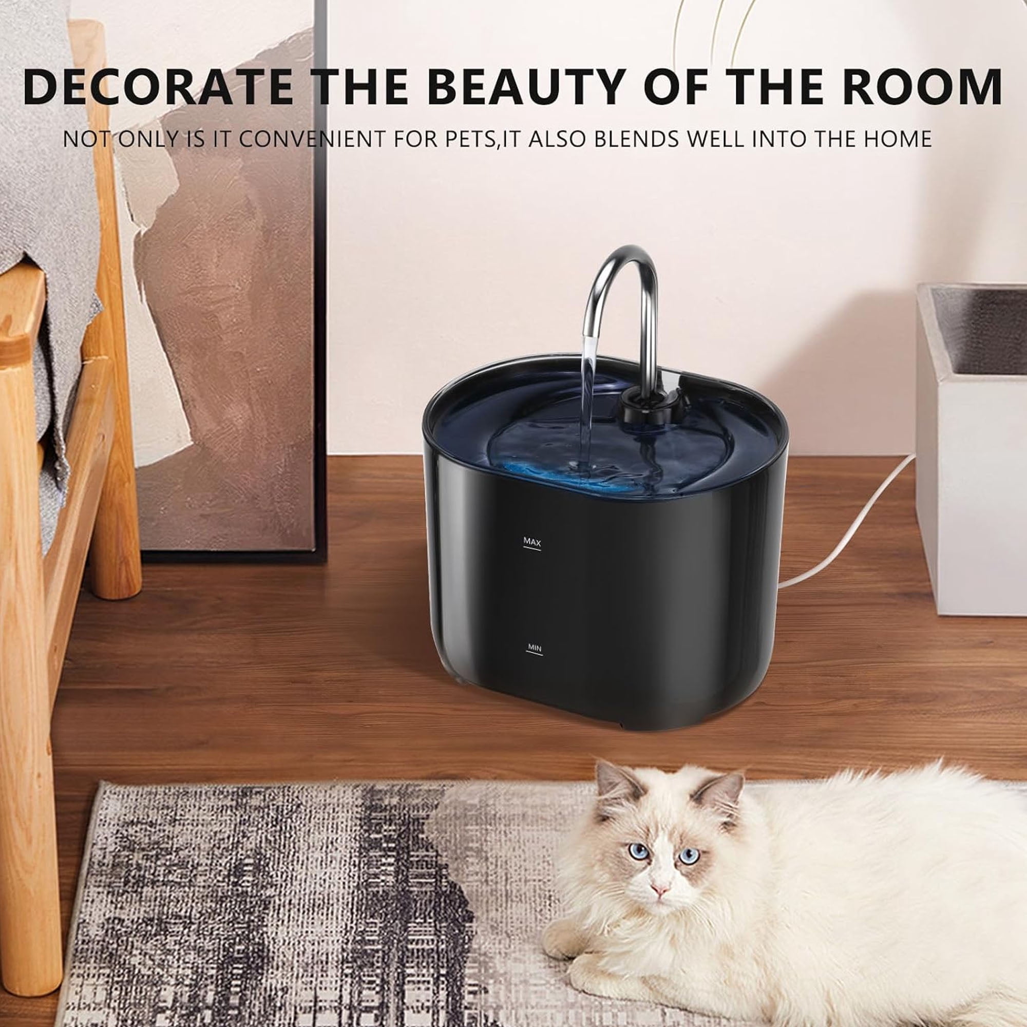 OFEFE 71oz/2.1L Cat Water Fountain with Copper Faucet - Automatic Pet Water Dispenser with Advanced Filtration System, LED Light, and 3 Replacement Filters for Indoor Cats (Black)