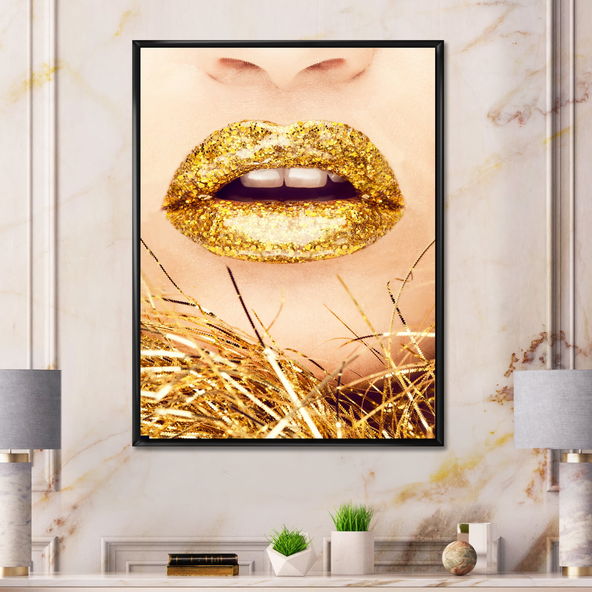 Designart 'Close-Up Of Golden Female Lips I' Modern Framed Canvas Wall Art Print