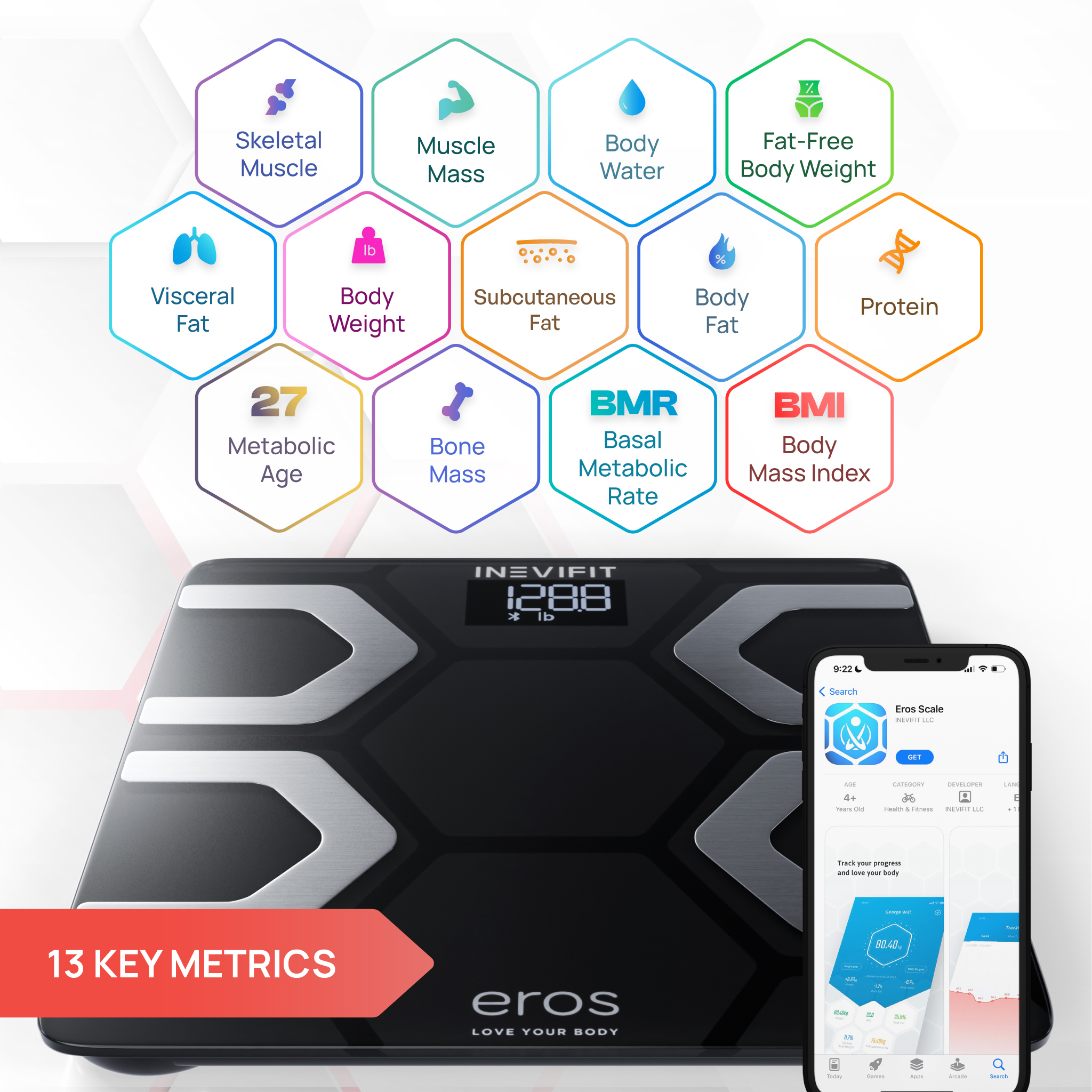 Eros Bluetooth Smart Body Fat Scale with Free Tracking Eros Scale APP - Black