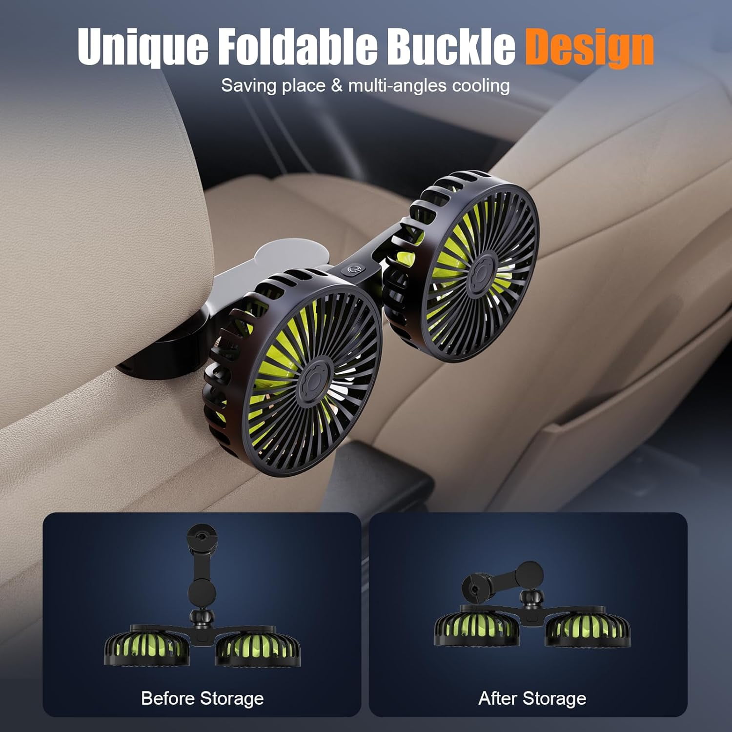 Wiher Car Fan for Backseat, Dual Head USB Car Seat Fan, 3 Speeds Strong Wind 360° Rotatable Vehicle Rear Headrest Fan for Car, Air Circulation Car Fans with Adjustable Clip for All Car Models
