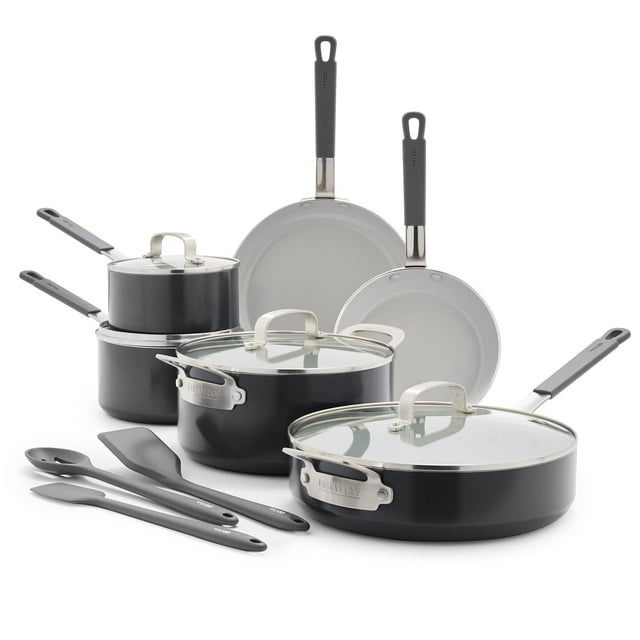 GreenPan x Bobby Flay Juego de ollas y sartenes de cocina de 13 piezas, aluminio de grado profesional, antiadherente de cerámica sin PFAS, apto para inducción, mango de silicona que se mantiene fresco