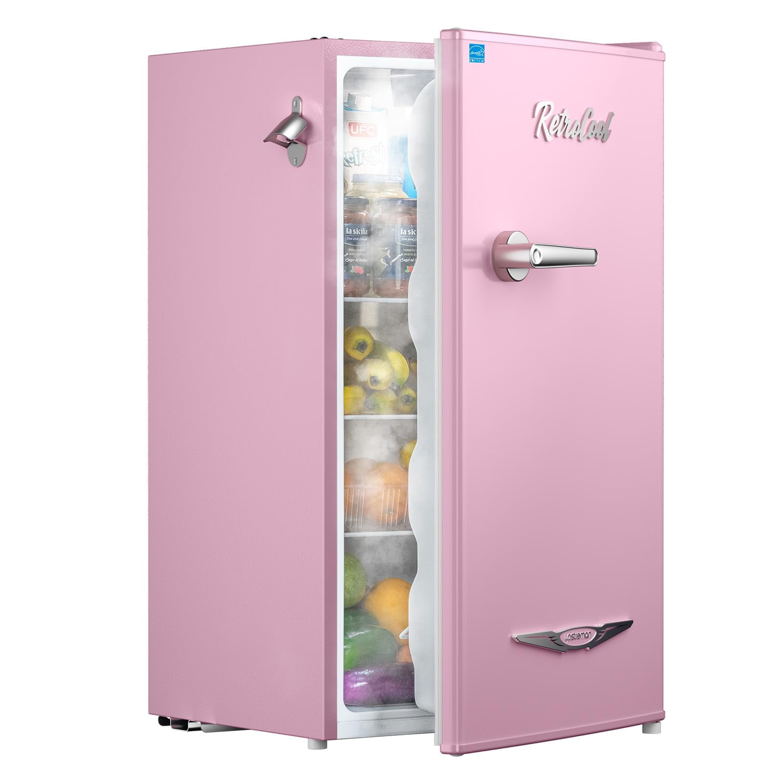 Upstreman 3.2 Cu.ft Retro Compact Fridge with Side Bottle Opener, Single Door Small Refrigerator Retro Bar Fridge, Pink BR321 PRO