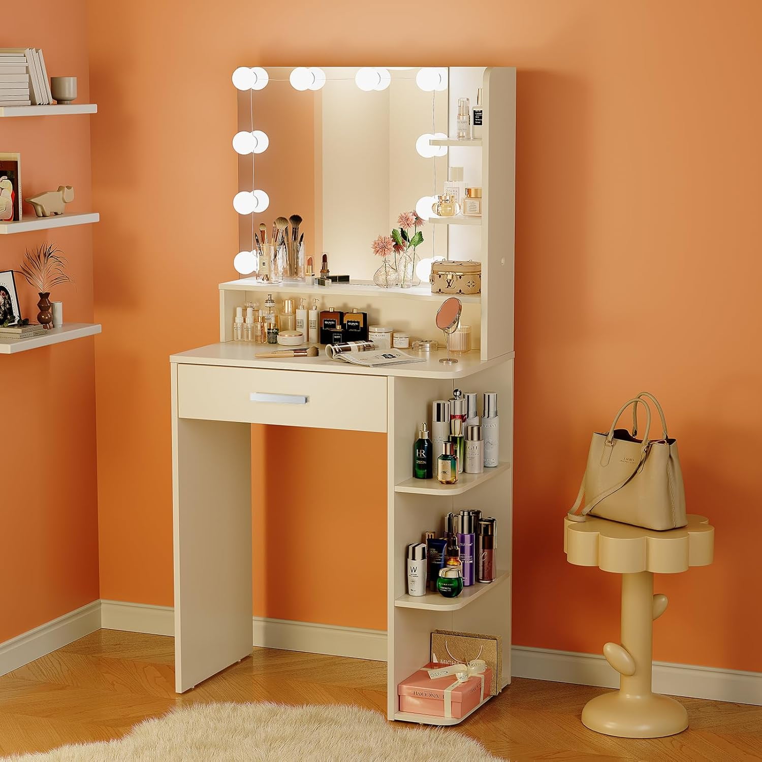 Vanity Desk with Mirror and Lights, NEORIVER White Vanity Mirror with Lights with Large Drawer and 6 Level Storage, White Vanity with Large Led Mirror with 3 Color Lighting Modes