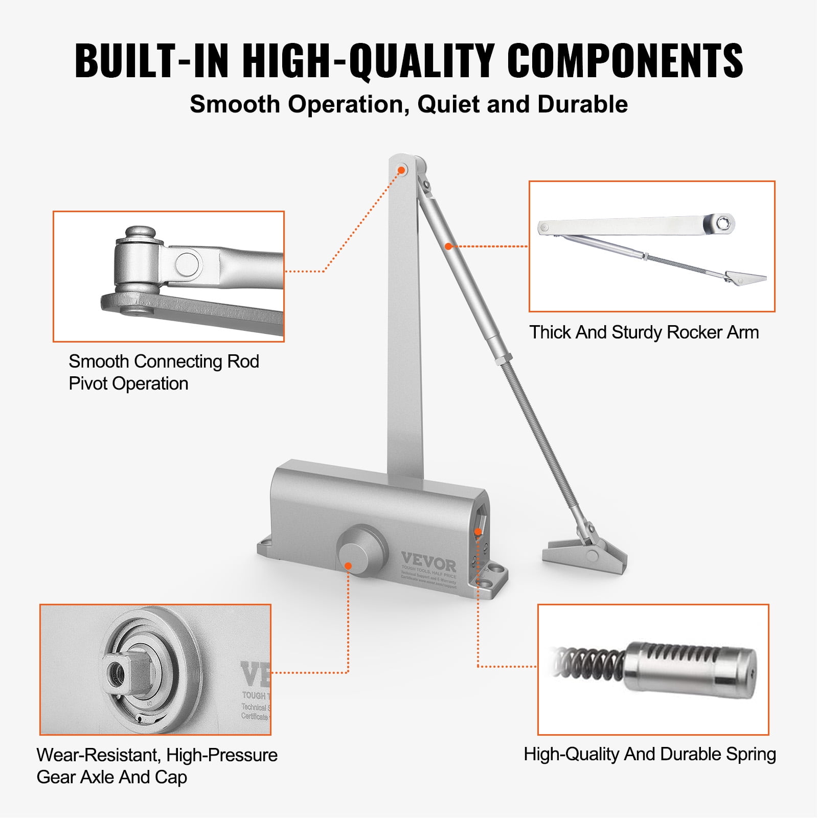 SKYSHALO 187lbs Commercial Door Closer Heavy Duty Residential Hydraulic Auto Silver