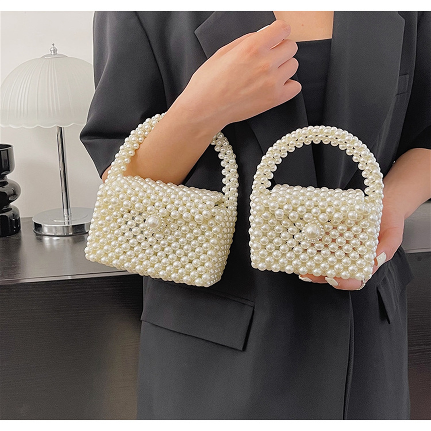 Frgharo Beaded Handbag for Women White Pearl Decoration Evening Bags with Detachable Chain Inner Bag &M Size