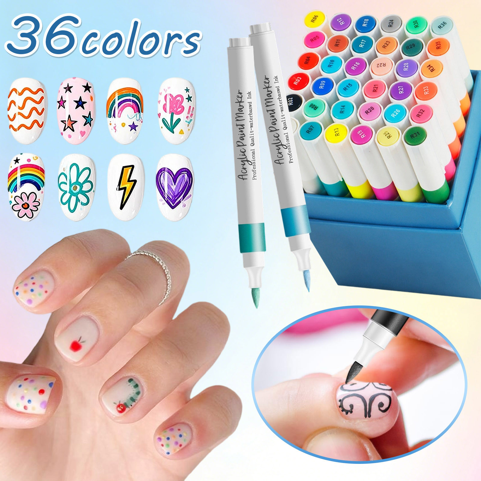 WEGFTDUOP 12 Colors Nail Art Pens - Waterproof Acrylic Paint Markers Drying Nail Tools For DIY Patterns Precision Tip For Beginners And Professionals 12ml