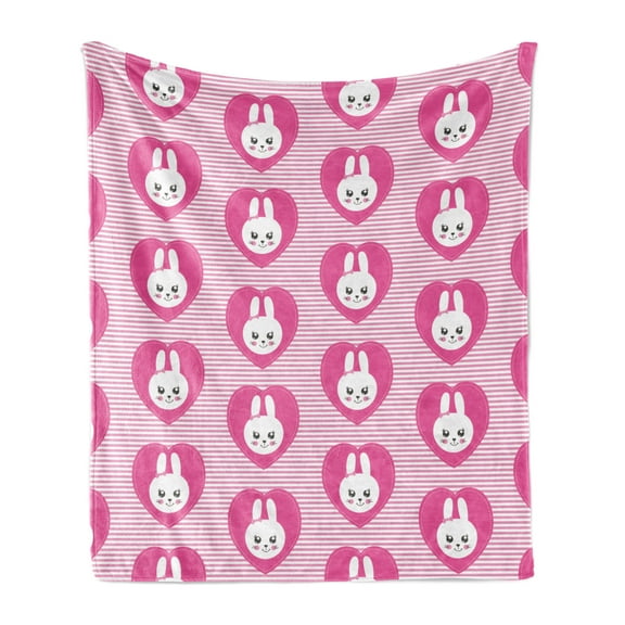 Baby Soft Flannel Fleece Throw Blanket, Cartoon Style Little Bunnies Princess Along Girl Colors Childish Rabbit Faces, Cozy Plush for Indoor and Outdoor Use, 50" x 60", Pink and White, by Ambesonne