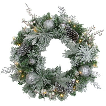 Fraser Farm Hill 24" Glitter Berry/Sugar Ball Snowy Wr on Mixed Pine, BO LED Lights/Timer