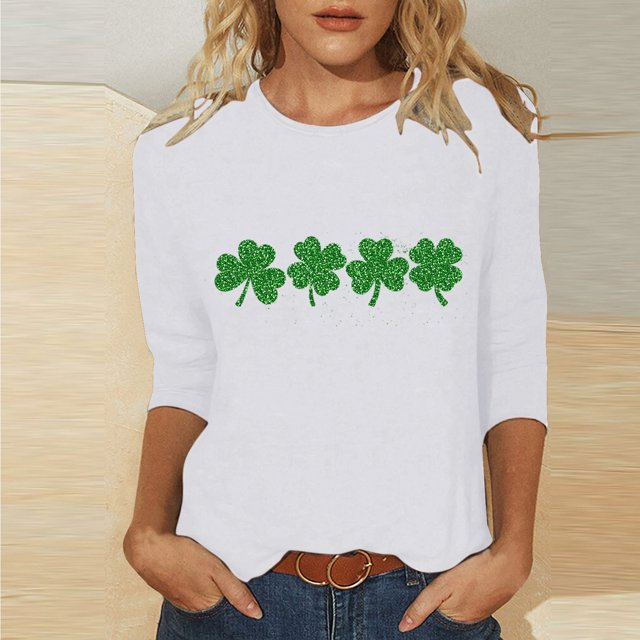 T-Shirt Ample à Manches Trois-Quarts et Col Rond Imprimé pour la Saint-Patrick pour Femmes
