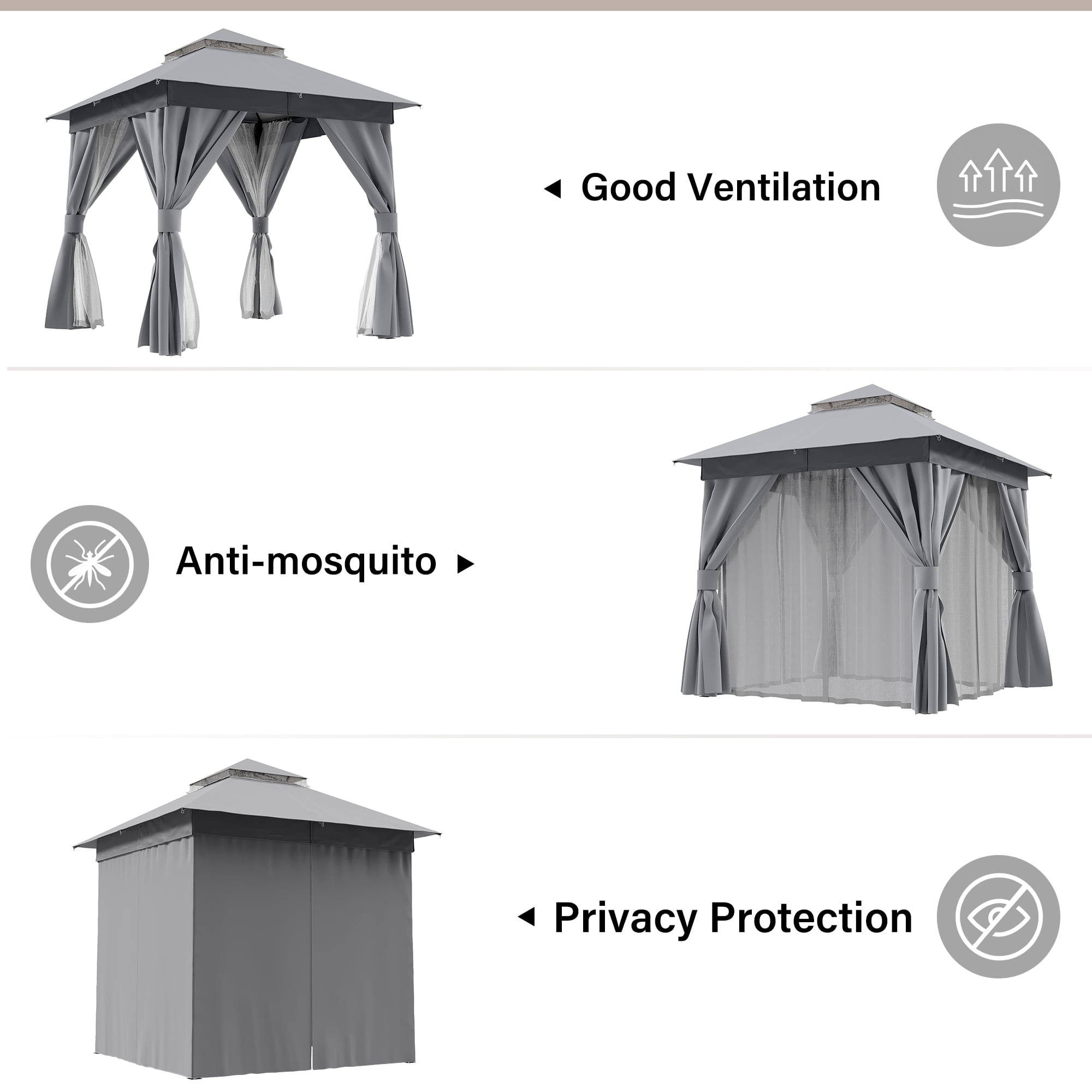LAUSAINT HOME 8'x8' Outdoor Patio Gazebo, Double Roof Metal Frame with Mosquito Nettings, Privacy Screens and Anchoring Kit, Gray
