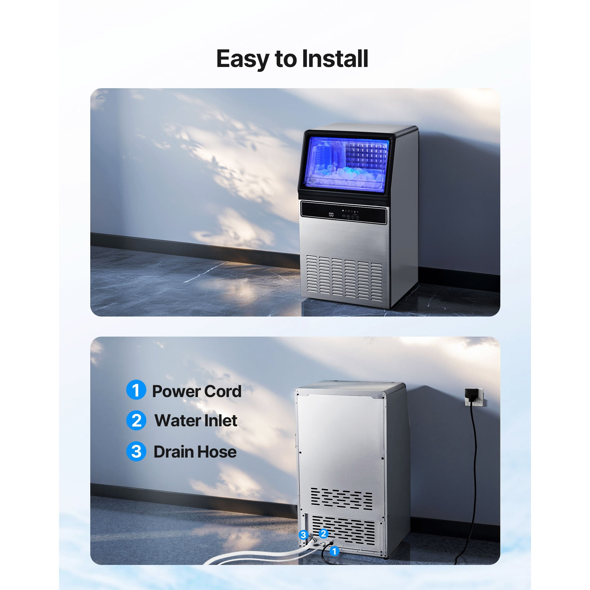 KFFKFF Commercial Ice Maker Machine, 130Lbs/24H with 33Lbs Storage, 45 Ice Cubes per Cycle, Stainless Steel Freestanding & Under Counter Ice Maker with LED Display & Self-Cleaning for Home, Bar