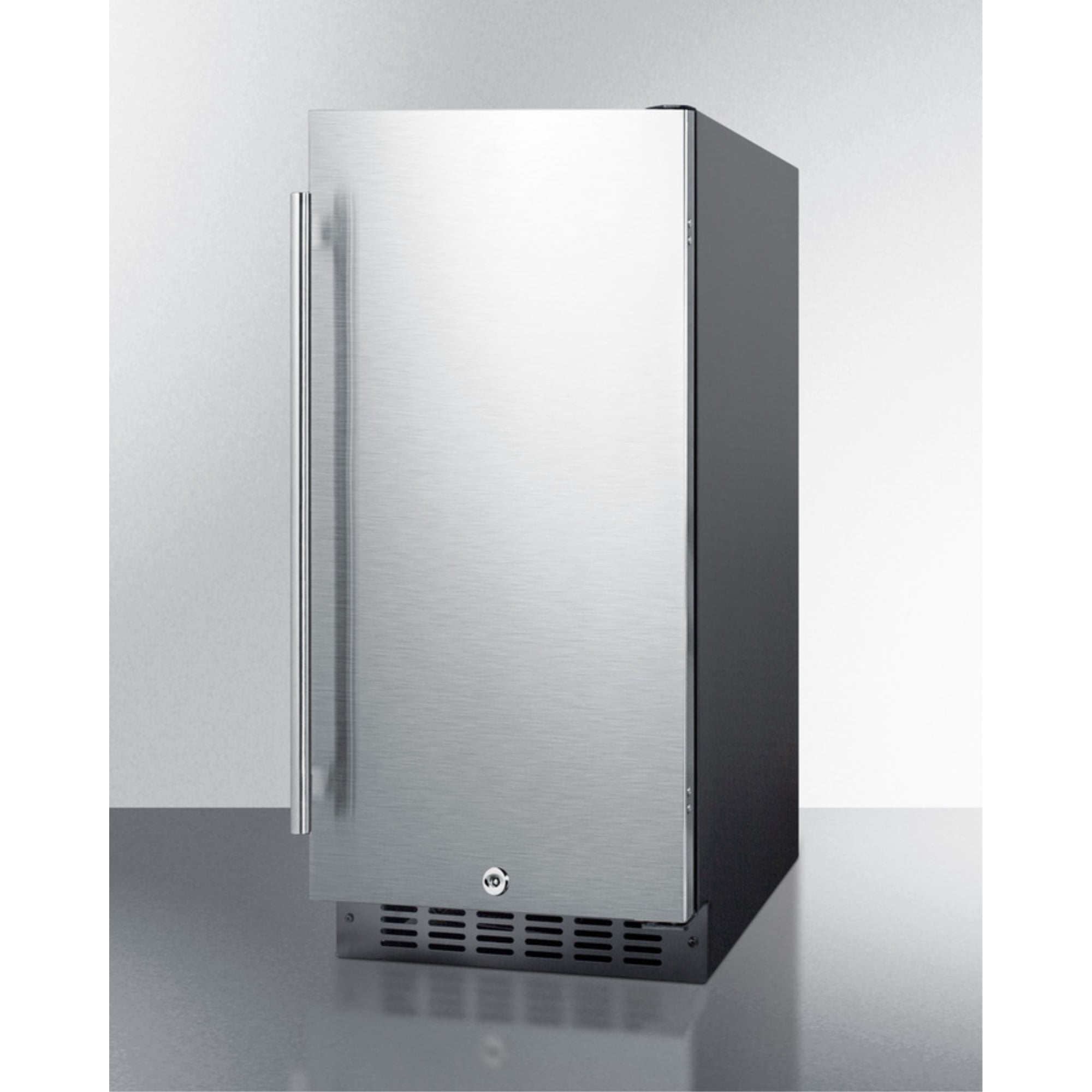 15 Inches wide ADA compliant all-refrigerator for built-in or freestanding use, with digital controls, LED light, lock, stainless steel door, and black cabinet