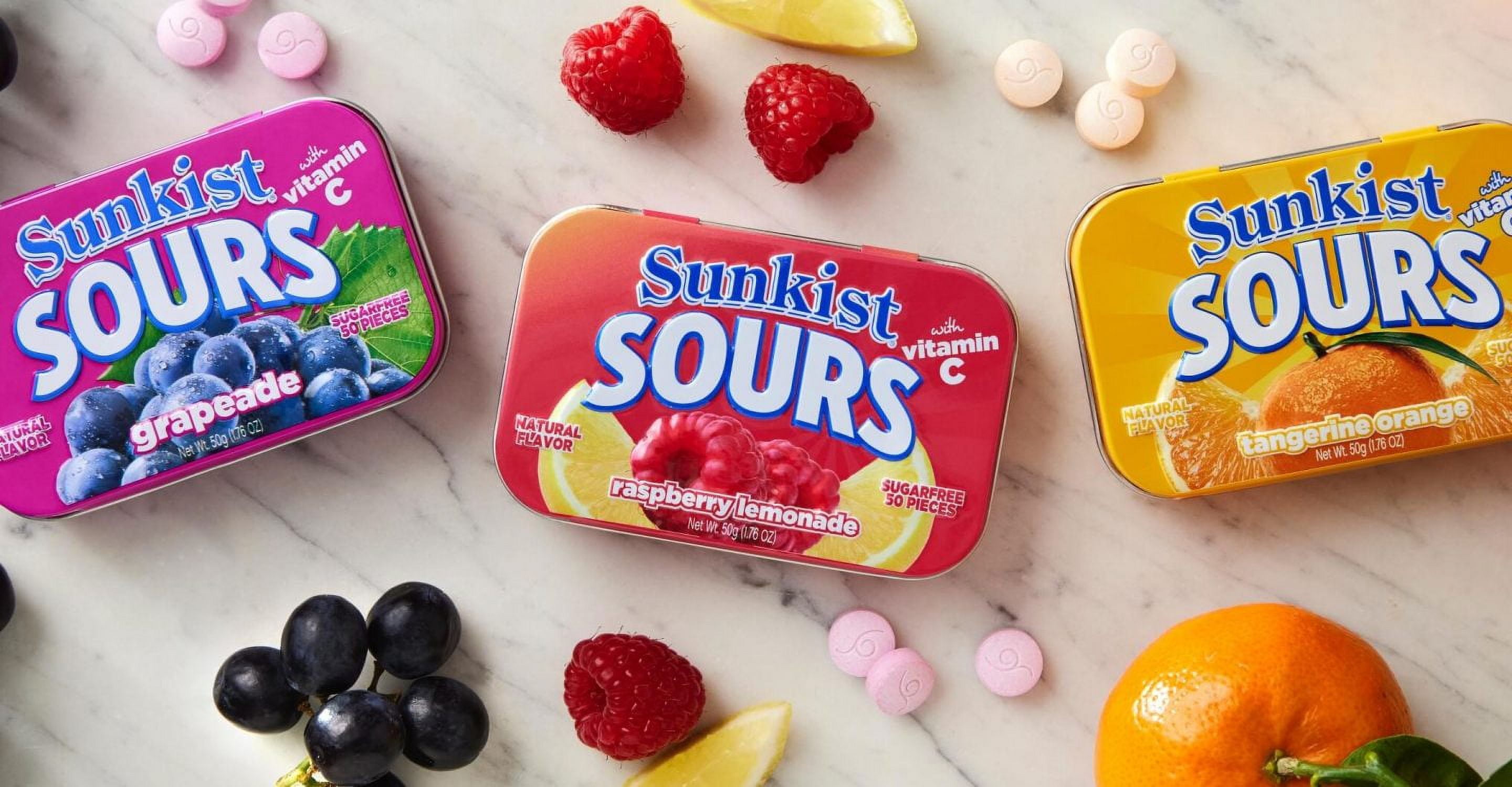 Sunkist Sours Grapeade, Vitamin C, Sugar Free Sour Candy, 1.76 Ounce Tin - 6 Count Tray