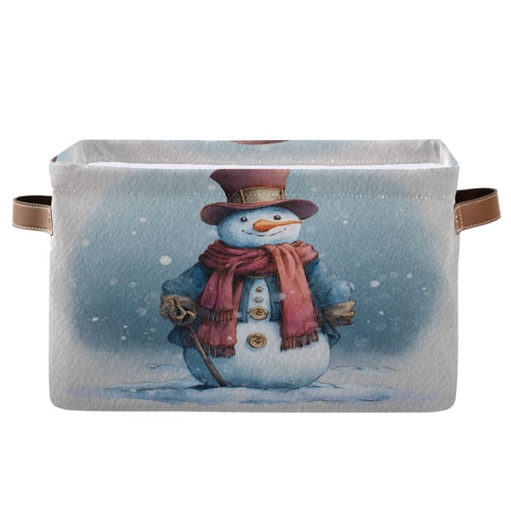 1-Pack Square Closet Organizers with Handles Open Basket Bins Watercolor-style Snowman Pattern Storage Basket for Home Office