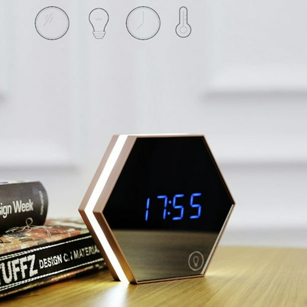 Multifunctional LED Night Light Wall Clock Thermometer Mirror Glass Digital  Alarm Clock Color:Gold