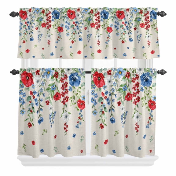 3 Piece Kitchen Curtains and Valances Set Blue Flowers Cafe Curtains 36 Inch Length Red Botanical Leaves Pastoral Retro Beige Valance & Tier Curtain for Living Room Bedroom Window 54"x18" 27"x36"*2