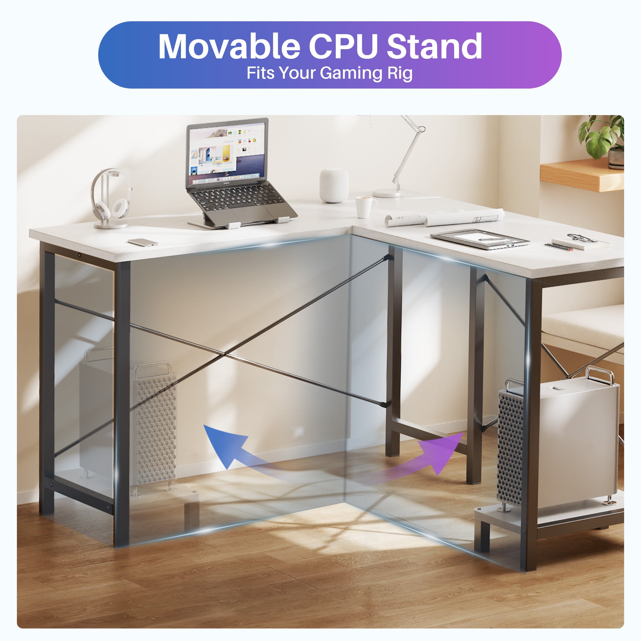 CONCETTA 49“ L Shaped Computer Desk with Movable CPU Stand, Corner Desk for Save Space, Home Office, White
