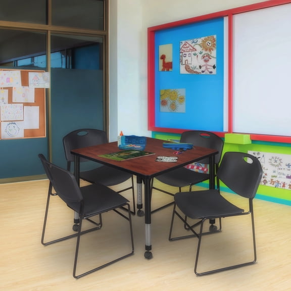 Regency Kee 42 in. Square Mobile Adjustable Classroom Table- Cherry & 4 Zeng Stack Chairs- Black