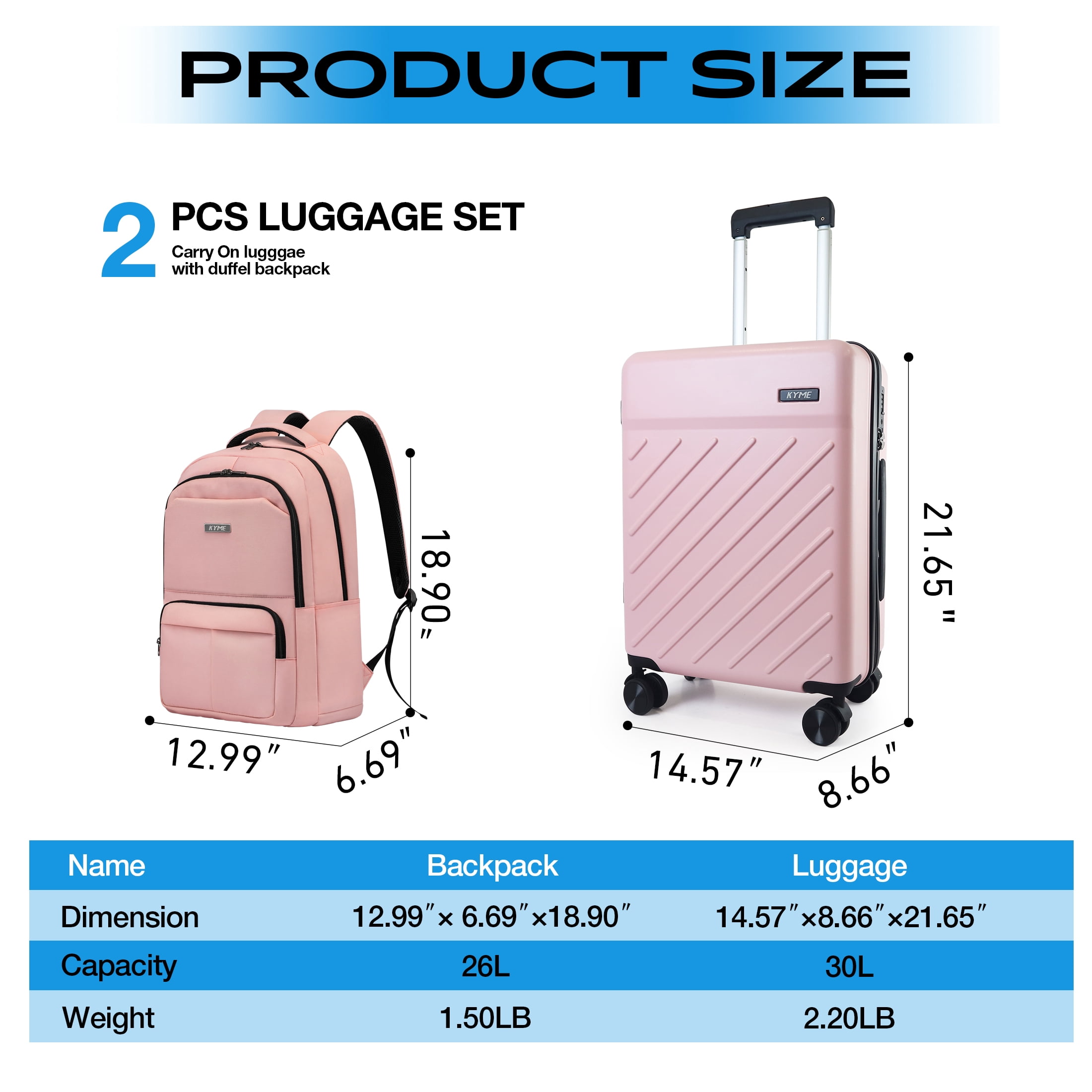 20" Hardside Carry-on Luggage, 2-Piece Set (Luggage and Backpack), Hardshell Suitcase with Divider Pockets, Four Multi-Directional Spinner Wheels, Scratch-Resistant Surface, Pink
