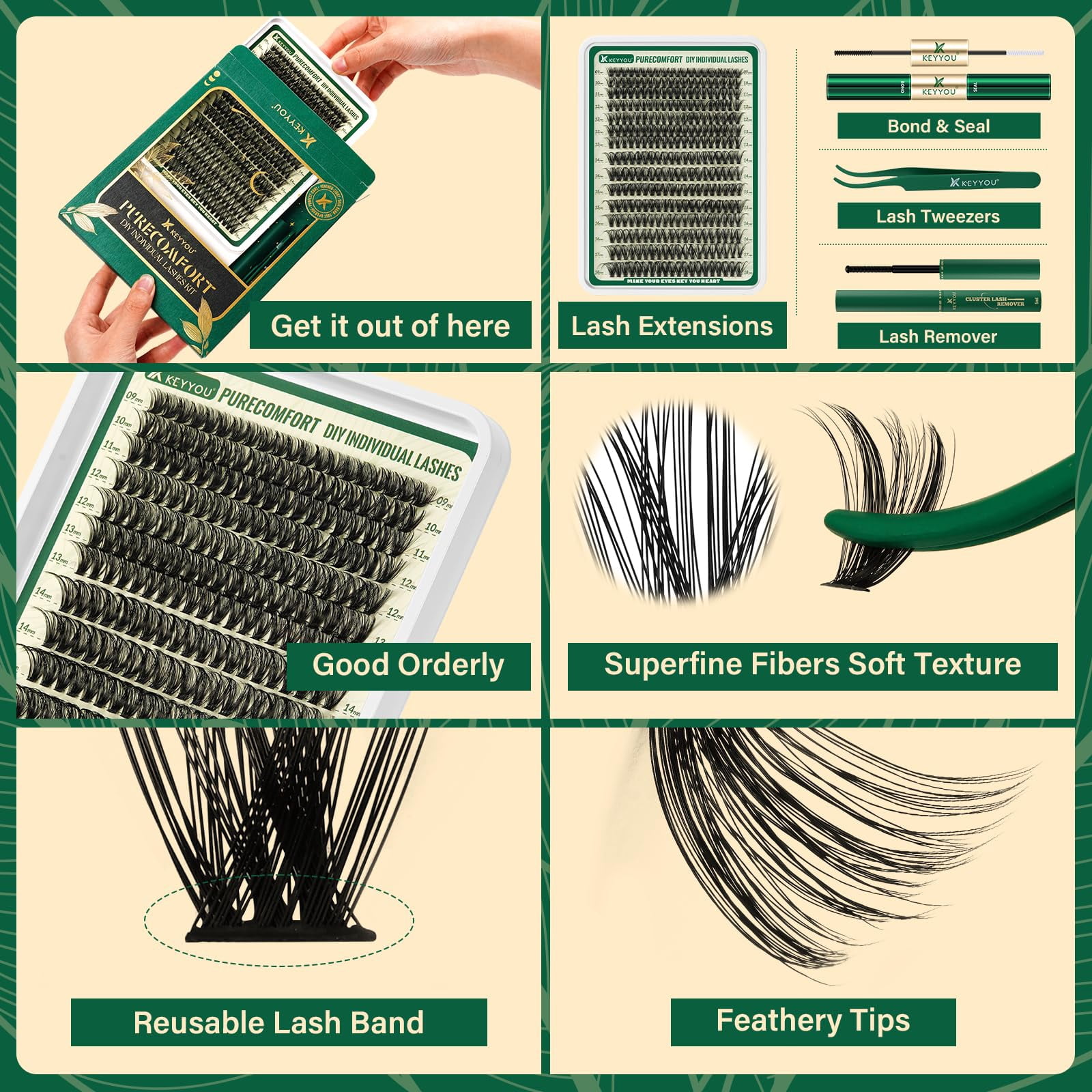 KEYYOU DIY Lash Extension Kit 300pcs Soft Lash Clusters 80D C Curl Easy to Apply with Lash Bond and Seal Lash Applicator Lash Remover Eyelash Extension Kit at Home(RMkit-80D-C-9-18mix) C63