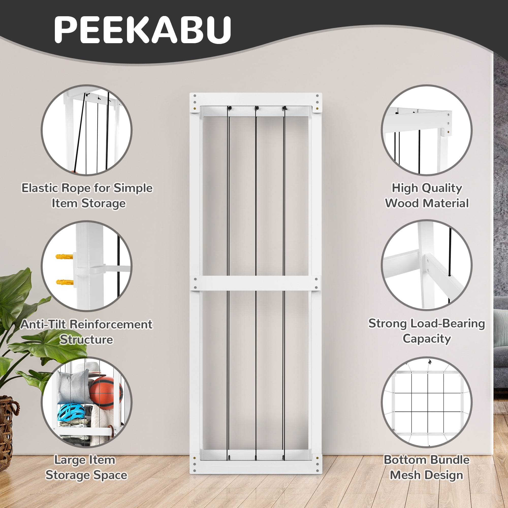 Signature Fitness Multi-Purpose Wooden Storage Rack，with Elastic Bands，for Toys, Clothes, and Household Items, Space-Saving，for Bedroom, or Playroom