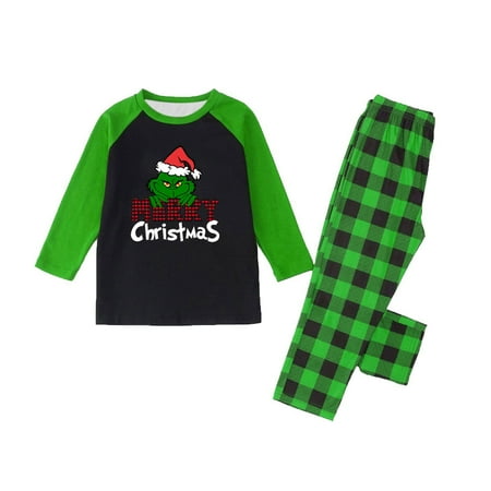 

Clearance! Grinch Christmas Family Matching Pajamas Set Santa Claus Print Long Sleeve T shirt Tops and Plaid Pants Sleepwear Soft Nightwear Clothes Set Kids: 3 Years #009Gk