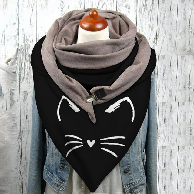 PVCS Universal Autumn Winter Warm Windproof Cat Prints Double-Layer Buckle Scarf