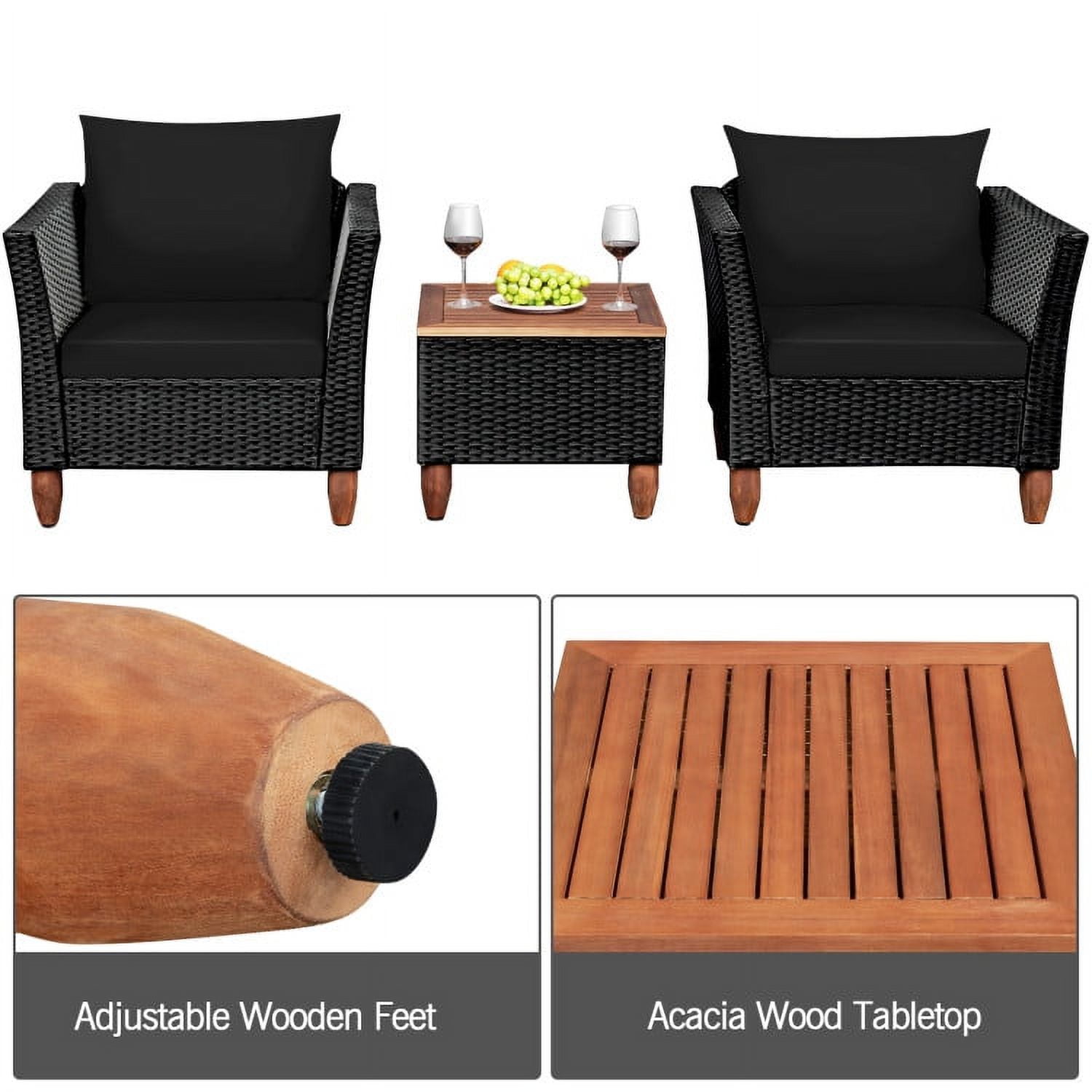 Aimee Lii 3 Pieces Outdoor Patio Rattan Furniture Set with Coffee Table, Modern Patio Furniture, Black