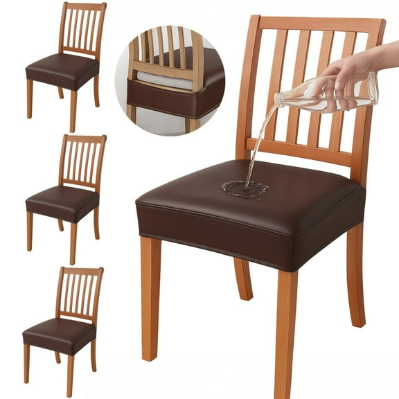 4PCS Dining Chair Covers, Waterproof PU Leather Seat Covers, Stretchable Elastic Covers for Dining Room Chairs, Washable & Removable Slipcovers, Fits 15-19" Armless Chairs