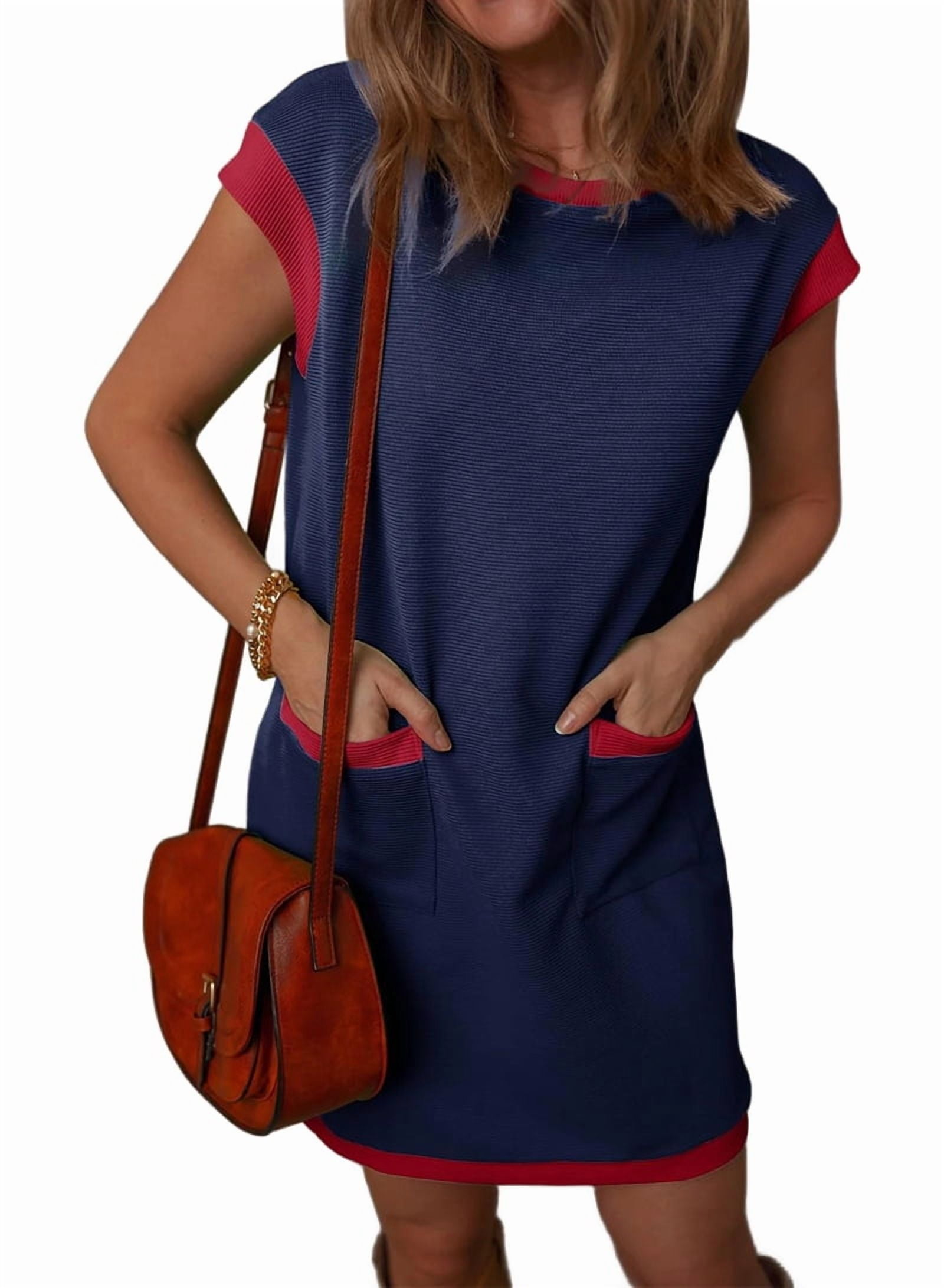 Women'S Casual Summer Dresses Fashion Cap Sleeve Color Block Crewneck Shift Tshirt Mini Dress Blue M