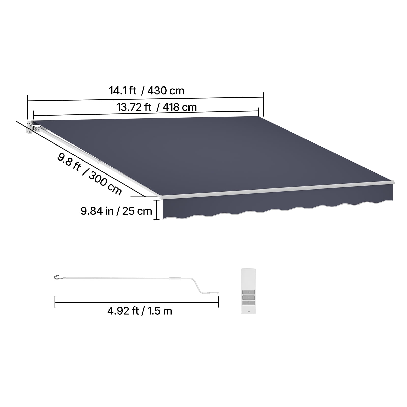 VEVOR Electric Retractable Awning, 14.1' x 9.8' Motorized Patio Awning, Sunshade Shelter with Remote Controller & Manual Crank Handle, Waterproof Polyester Fabric for Outdoor Deck, Balcony, Yard,Gray