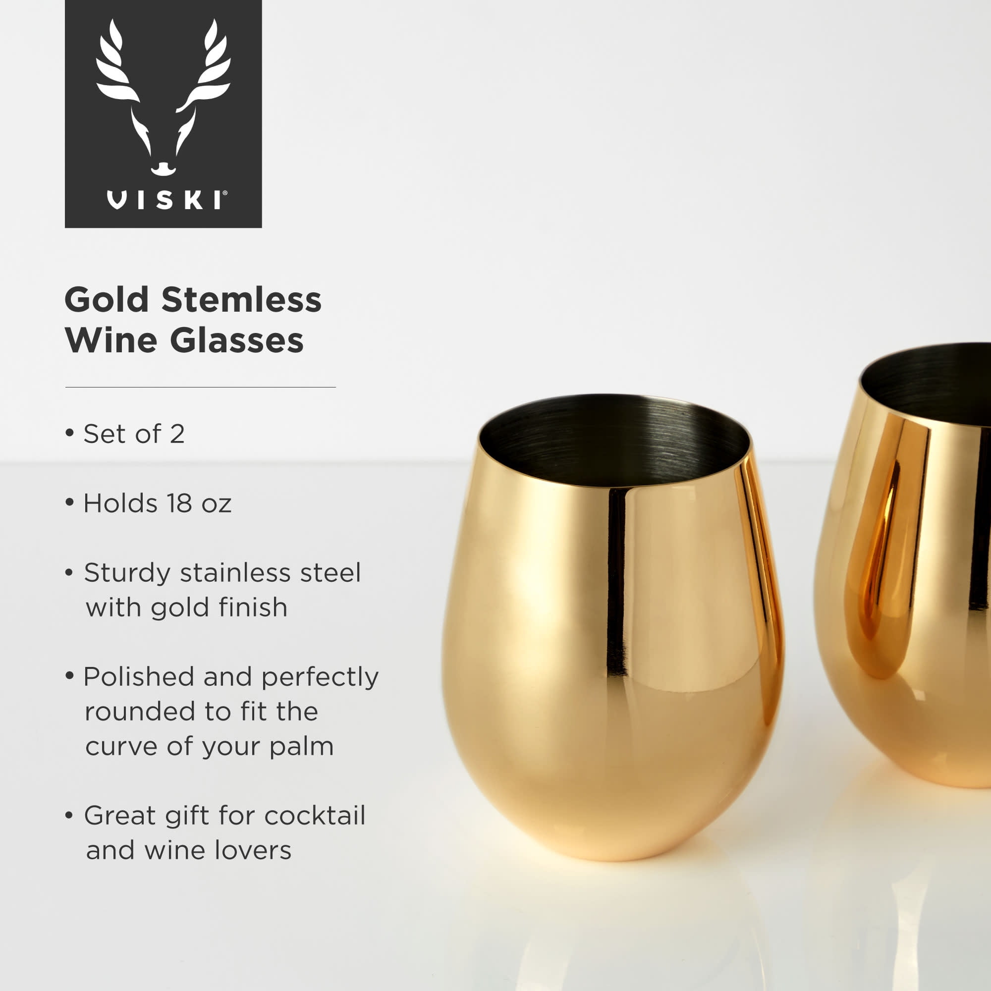 Viski Stainless Steel Stemless Wine Glasses, Home Bar, 18oz Set of 2, Gold