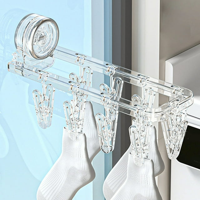 Sokhug Clothes Drying Rack, Suction Cup Wall Mounted Clothes Hanger Rack with 9 Clips, Foldable Drying Rack Suitable for Smooth Walls, 1 Pack Clearance