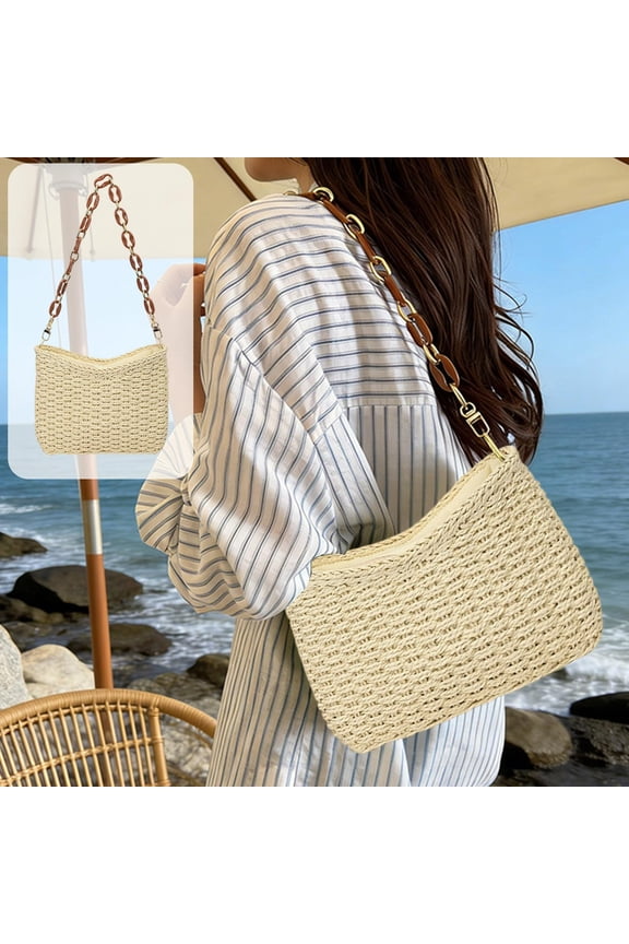 Straw Woven Shoulder Bag for Women, Beige Crescent Hobo Purse, Resin Chain Underarm Tote, Summer Beach Travel Clutch