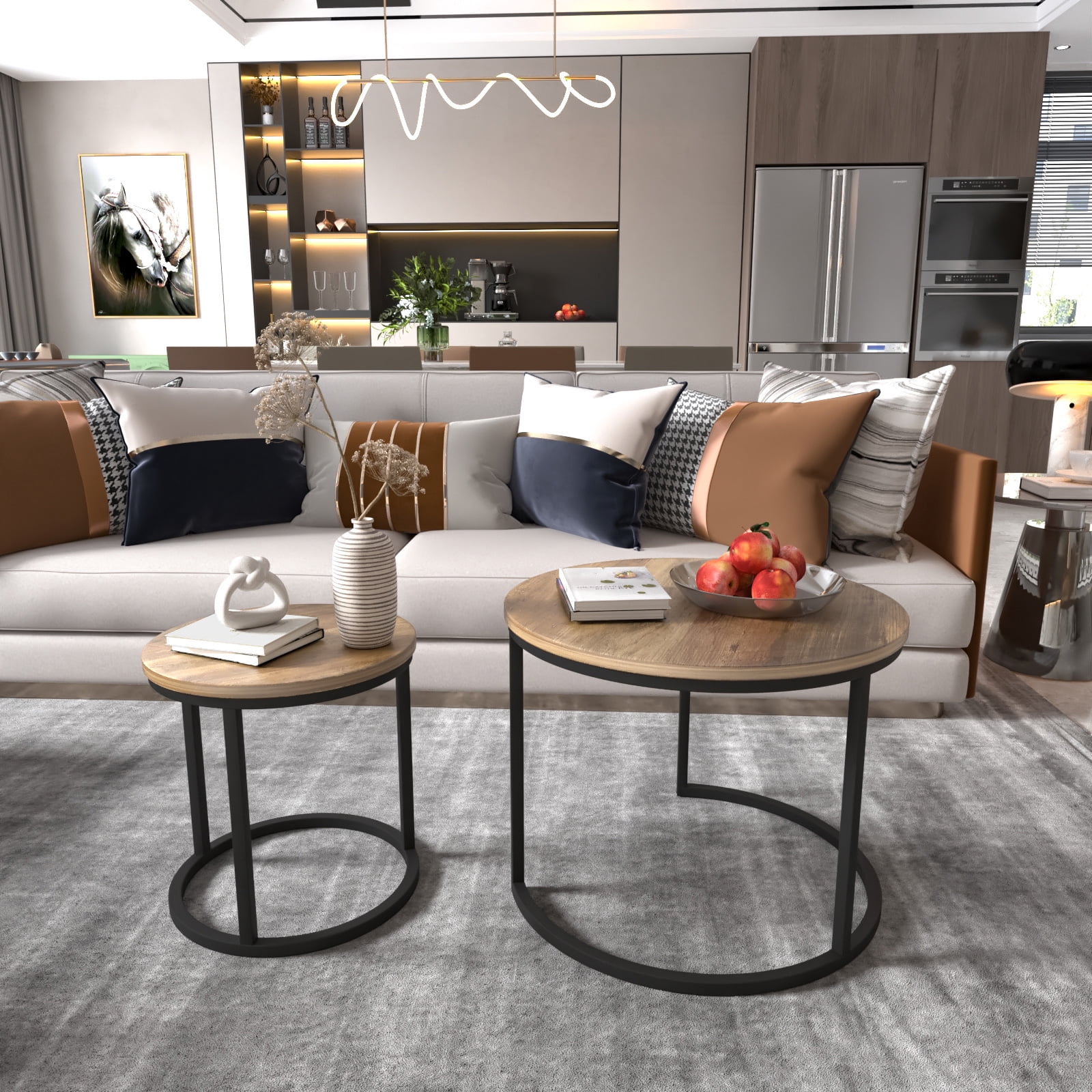 Algherohein Round Nesting Coffee Table Modern Marble Top Set of 2 for Living Room White Gold
