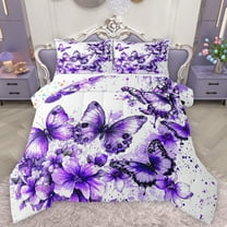 Feelyou Watercolor Butterfly Queen Comforter Set for Women, Purple Flower Floral Bedding Sets, Chic Artwork Splash Reversible Bedding Comforter Set, Microfiber Bedroom Decor, 3pcs