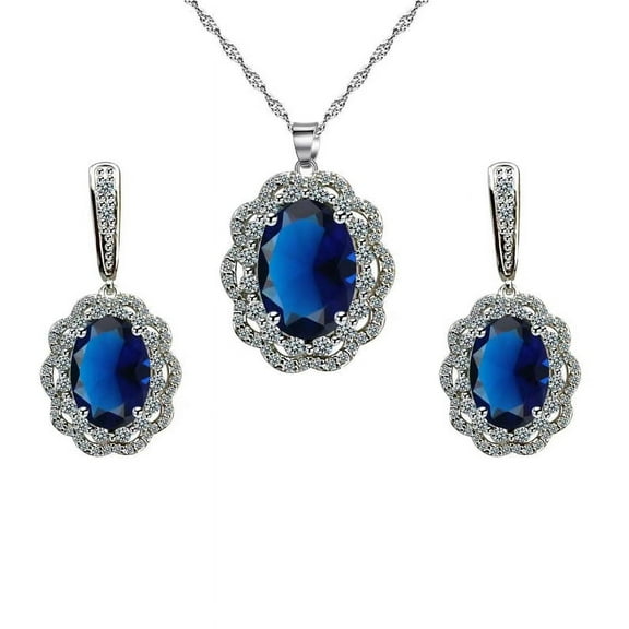 Bonjour Jewelers 18K White Gold Created Oval Blue Sapphire Halo And White Sapphire Earrings & Necklace Set Plated