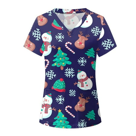 

Beiwei V-neck Scrub Shirt Blouse Summer Women Short Sleeve Pockets Shirts Top Women Casual Loose Baggy Christmas Print Tee Shirt