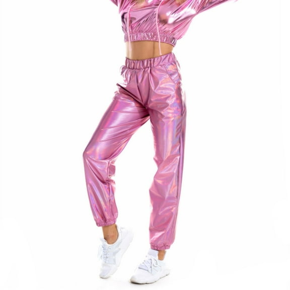DuoJiaJ Women's Fashion Holographic Streetwear Club Cool Shiny Causal Pants Wide Leg Casual Pants Women