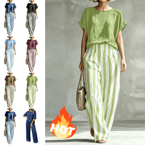 Mifsaly 2 Piece Sets for Women Summer Travel Vacation Matching Lounge Outfits Short Sleeve Crewneck Top and Vertical Striped Wide Leg Pants 2026 Green,XXXL