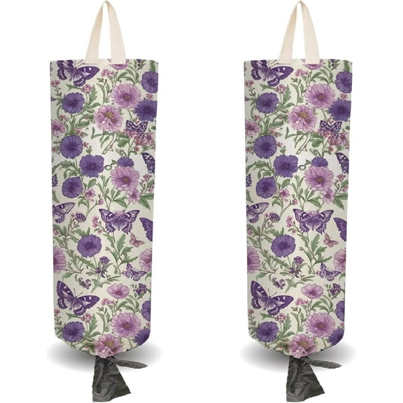 2Pcs Cloth Plastic Bag Holder Butterfly Flower Theme 4 Adhesive Hook Grocery Pull Rope Free Adjustment Reusable Organizer Washable Wall Mount Hanging Storage Dispenser