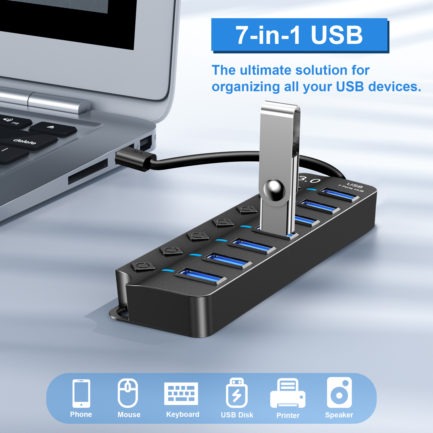 OWNTECH 7-Port USB 3.0 Hub with Power Adapter, Black photo 2